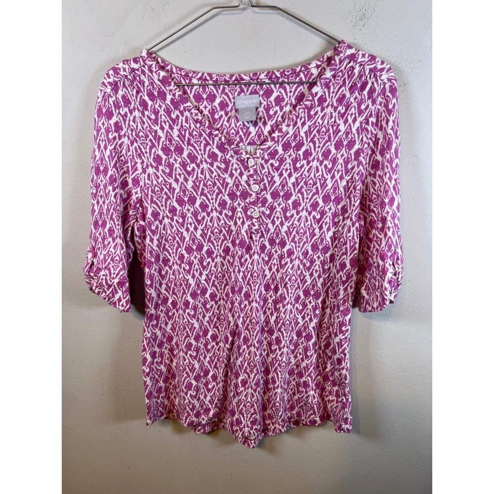 Chico's Women Henley Top Ikat Geometric Print Purple Size 00 XS